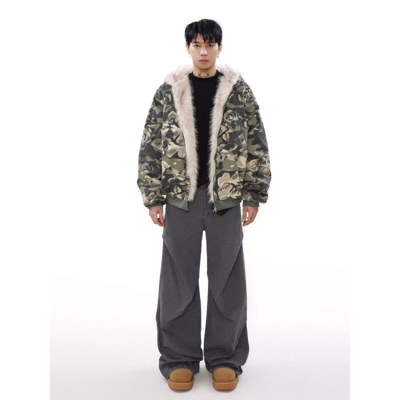 Herren Warmer gefütterter Camouflage-Bomber mit Kapuze und Kunstfellbesatz Chichicherry