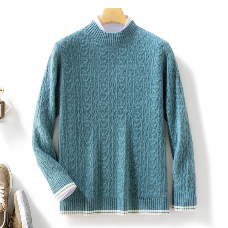 Ladies fine knit pullover with cable pattern, short standing collar, and ribbed finishes Chichicherry