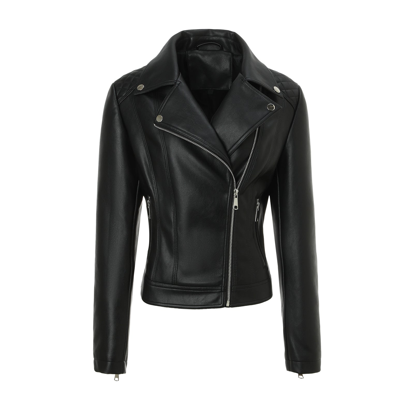 Women Tailored Biker Leather Jacket with Quilted Shoulders Chichicherry