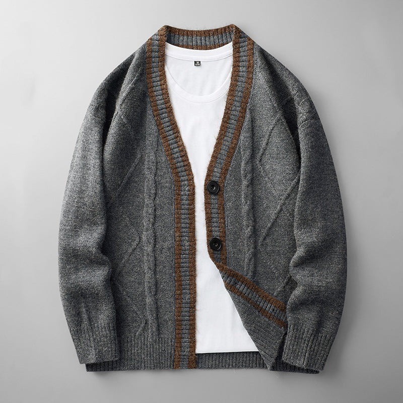 Herren Strickcardigan mit Zopfmuster, V-Ausschnitt und Kontrastkante Chichicherry