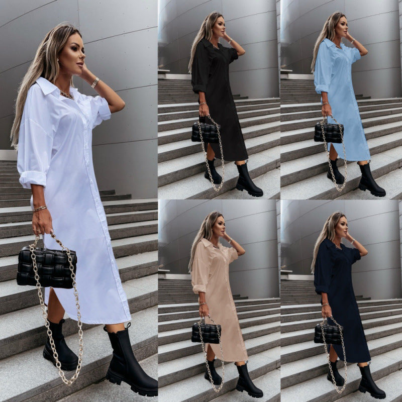 Women's Long Oversized Shirt Dress with Continuous Button Placket, Cuffed Sleeves and Deep Side Slit Chichicherry