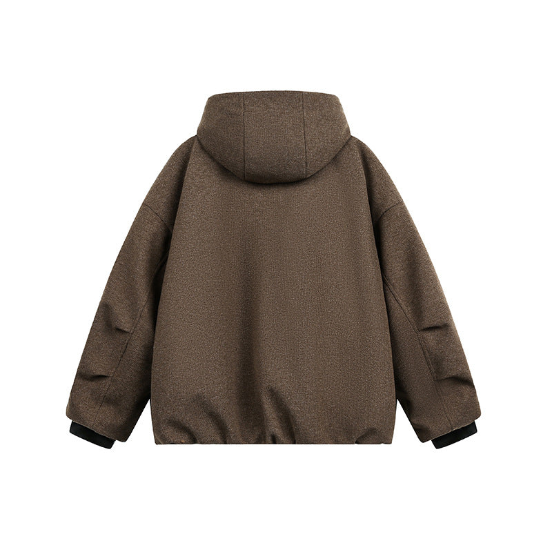 Men's Loose-Fitting Padded Wool Blend Hooded Jacket with Zip and Drawstring Chichicherry