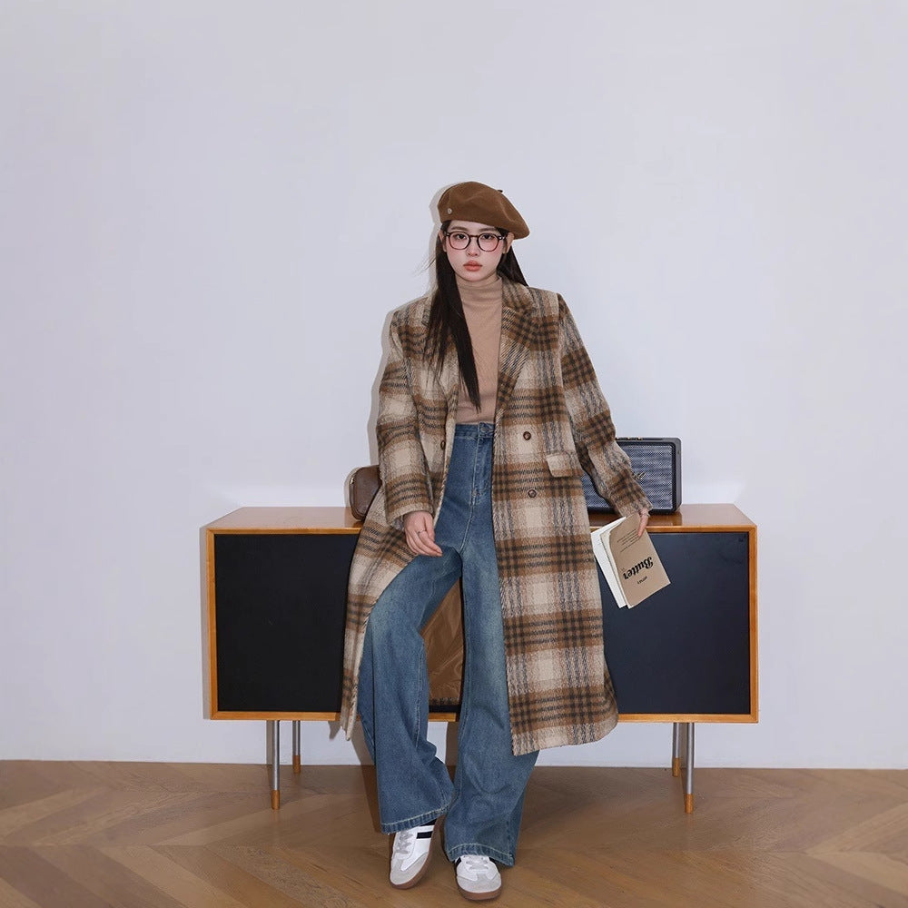 Women Checked Boucle Blazer with Notch Collar and Patch Pockets Chichicherry