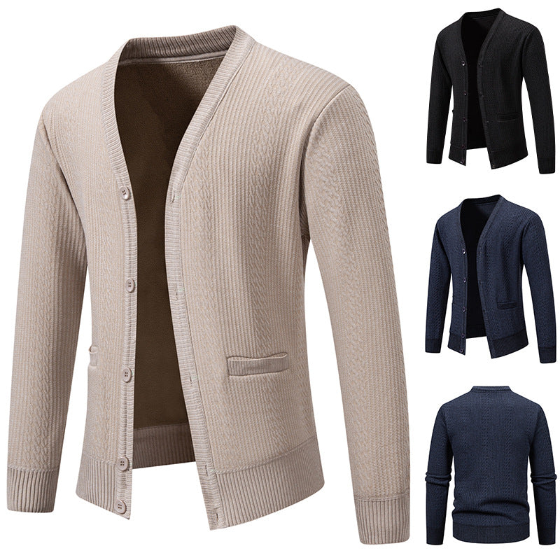 Men's Textured V-Neck Knit Cardigan with Button Placket and Pockets Chichicherry