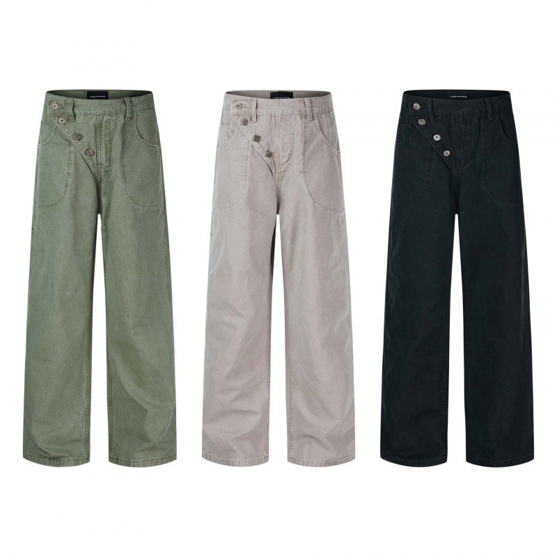 Women's wide high-waist pants with asymmetric button placket and patch pockets Chichicherry