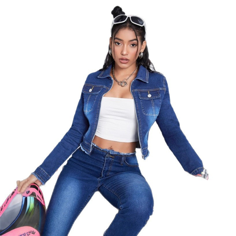 Women Short Waist-Length Denim Jacket with Zip and Frayed Hem Chichicherry