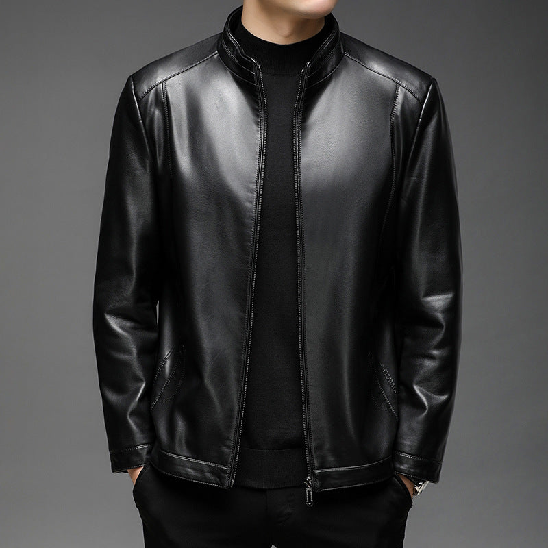 Men's Minimalistic Leather Look Transitional Jacket with Stand Collar and Two-Way Zipper Chichicherry