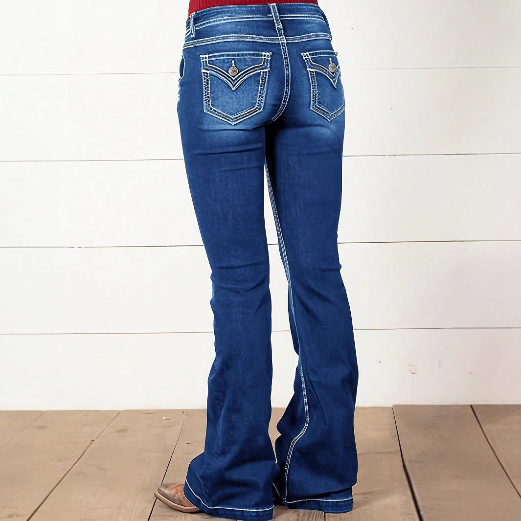 Ladies' Waist-Cinched Bootcut Jeans with Decorative Button Appliqué and Contrast Stitching Chichicherry