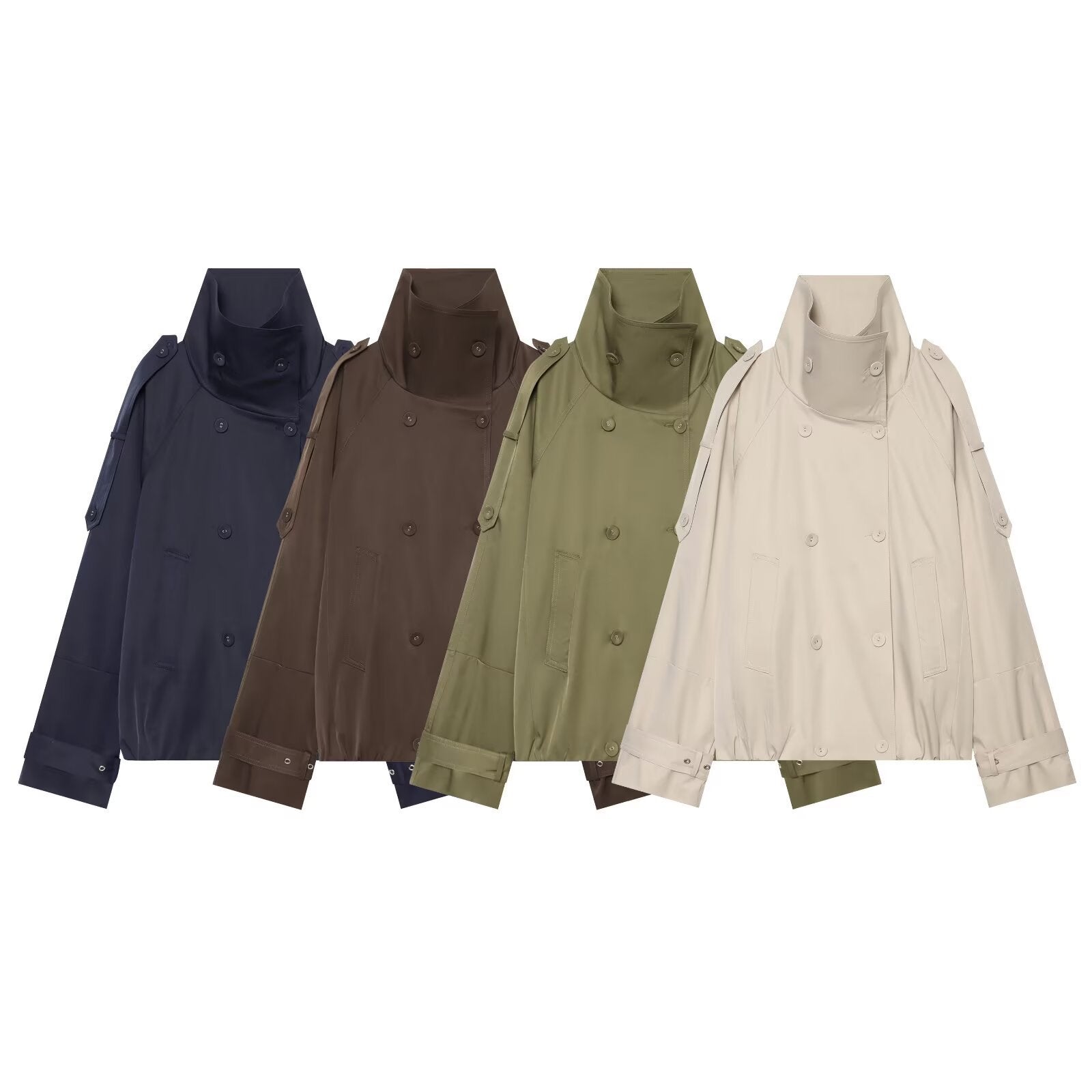 Women's Cape-like Short Double-breasted Trench Coat with High Stand Collar and Adjustable Cuffs Chichicherry