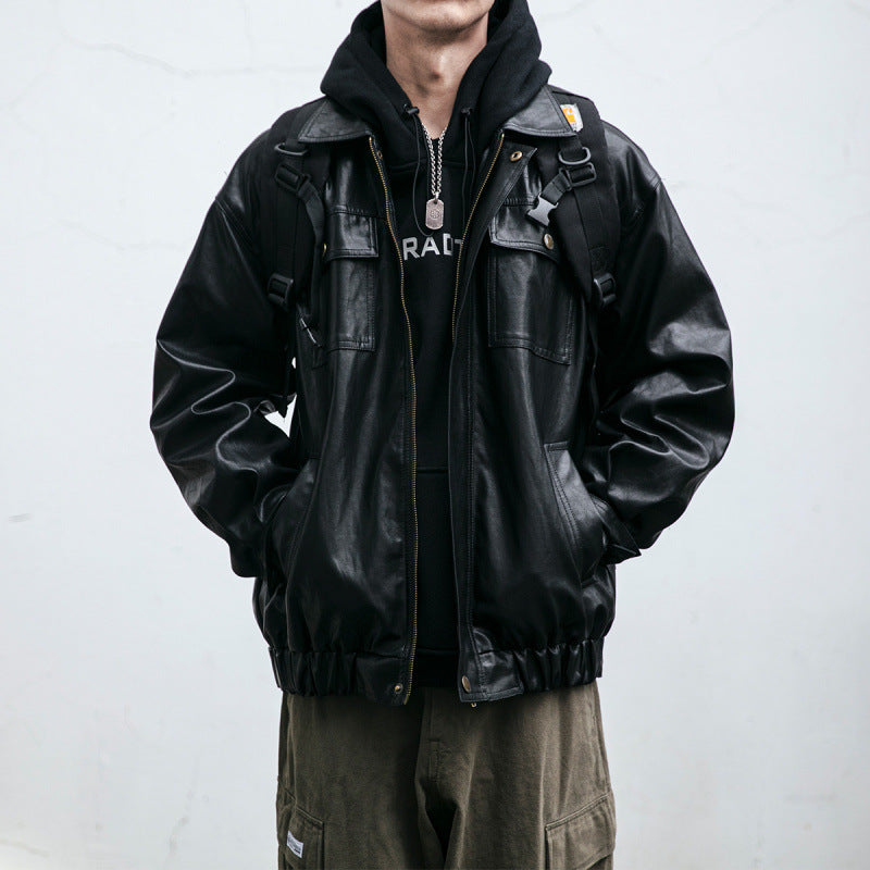 Herren Oversized Lederoptik-Utility-Jacke mit Pattentaschen und elastischem Saum Chichicherry