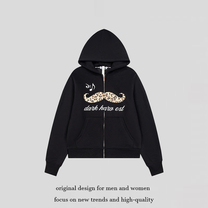 Women's hooded sweatshirt jacket with full zip, kangaroo pockets and playful leopard mustache print Chichicherry