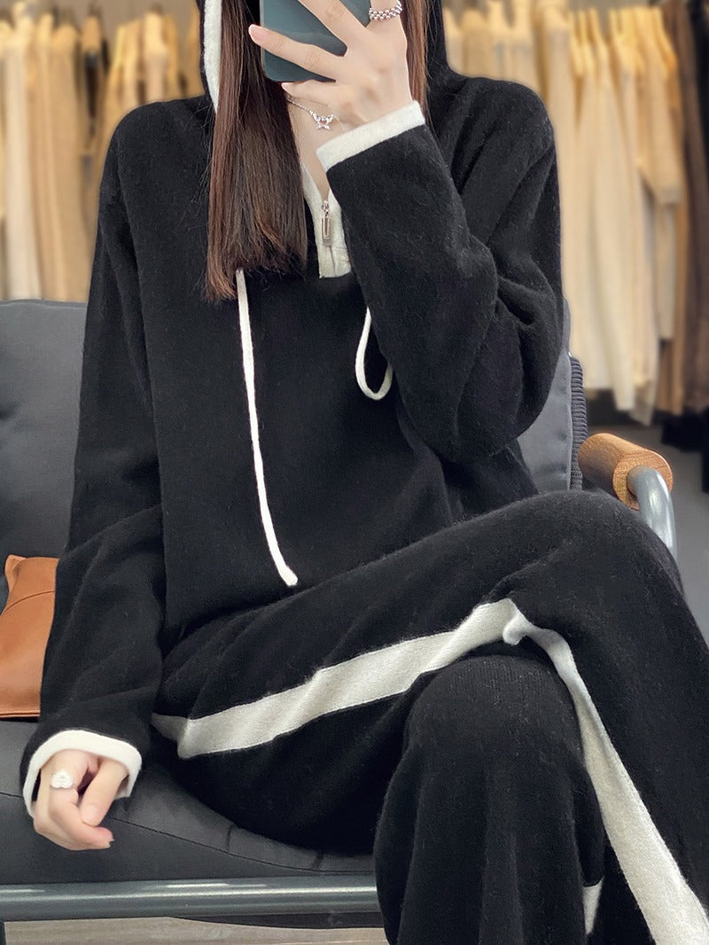 Women’s knit relax set with hood, wide leg, and side contrast stripe Chichicherry