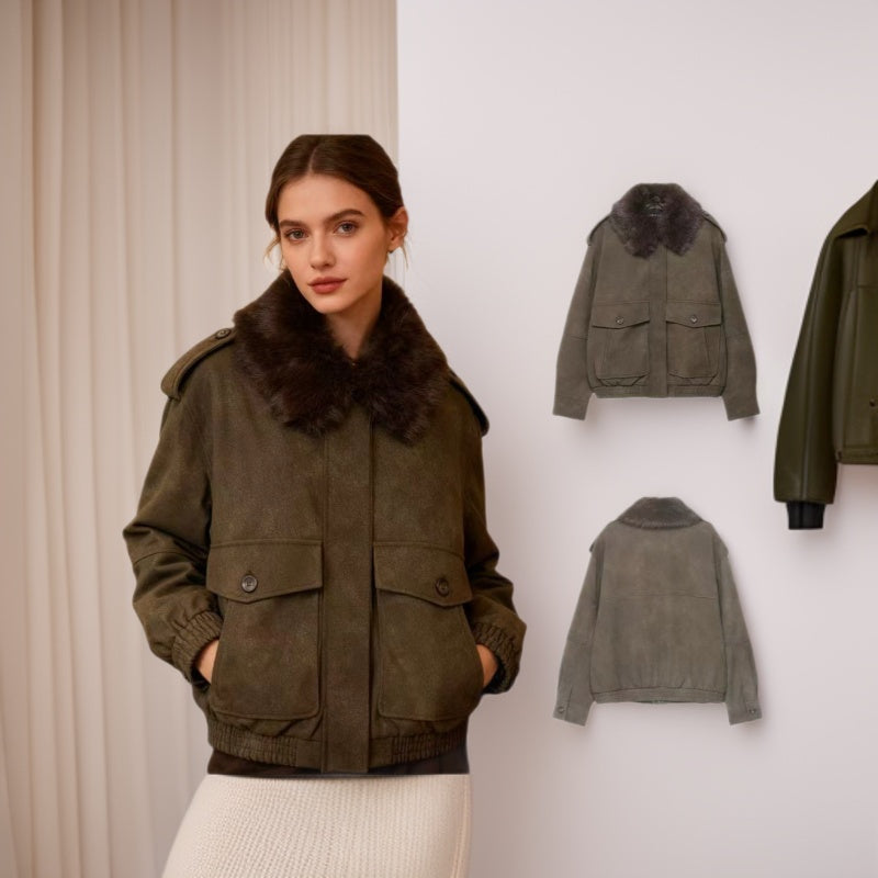 Women’s short jacket in suede look with removable fur collar and flap pockets Chichicherry