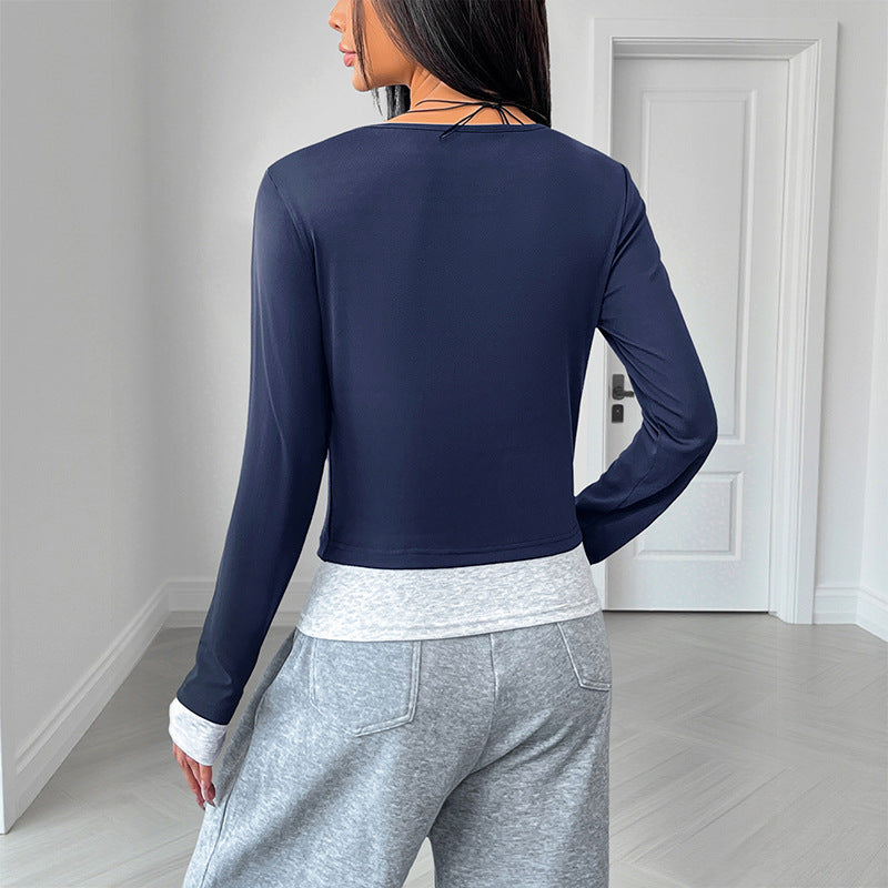 Women's Fitted Long Sleeve Crop Top with Henley Button Placket and Thumbhole Cuffs Chichicherry