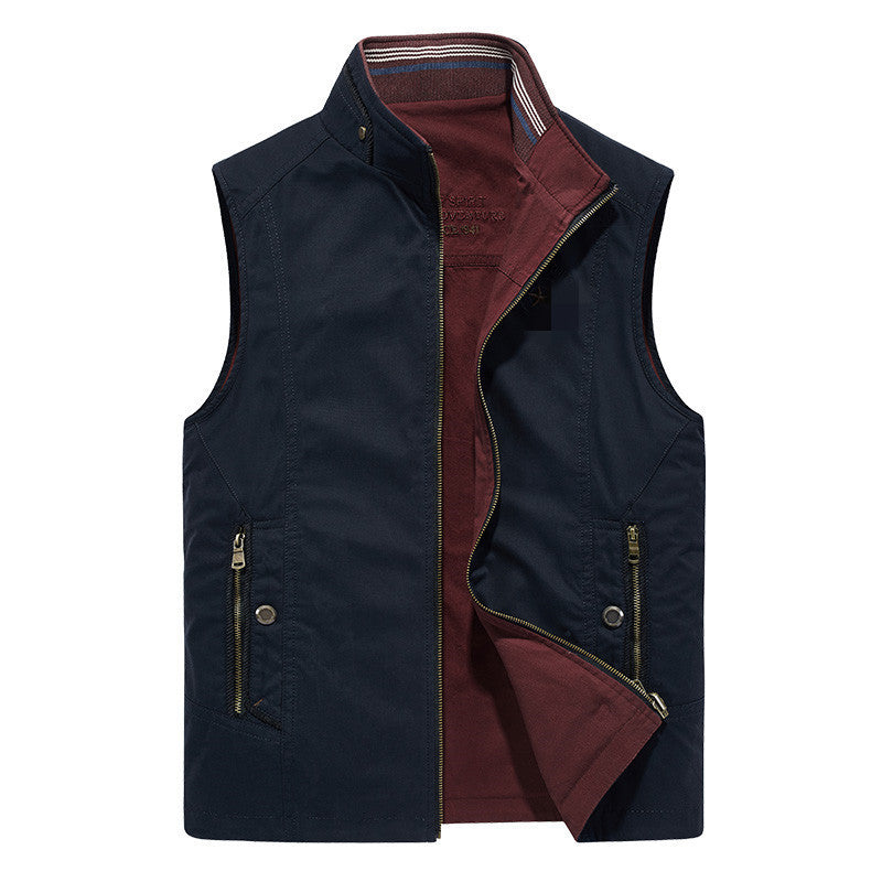 Men's Canvas Utility Vest with Stand Collar, Full-Length Zipper, and Multifunctional Outer Pockets Chichicherry