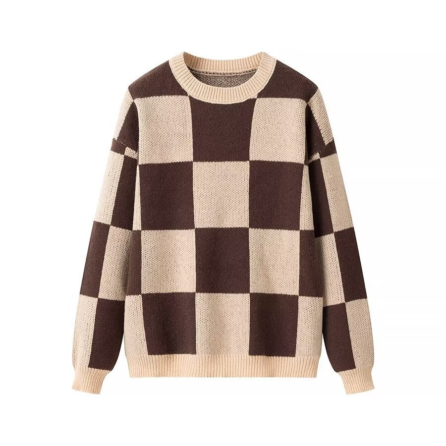 Women's Oversize Knit Sweater with Large Check Pattern and Ribbed Hem Chichicherry