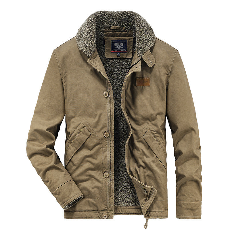 Men's canvas work jacket with sherpa lining, stand-up collar, and diagonal pockets Chichicherry