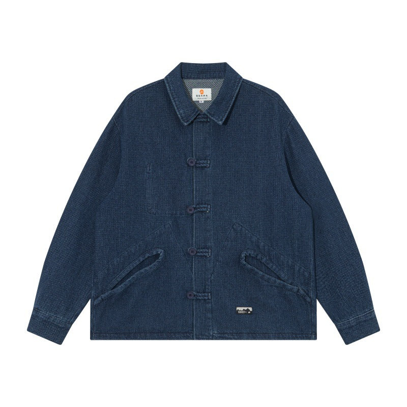 Men's short-cut denim chore jacket in boxy blouson style with Chinese toggle button placket Chichicherry