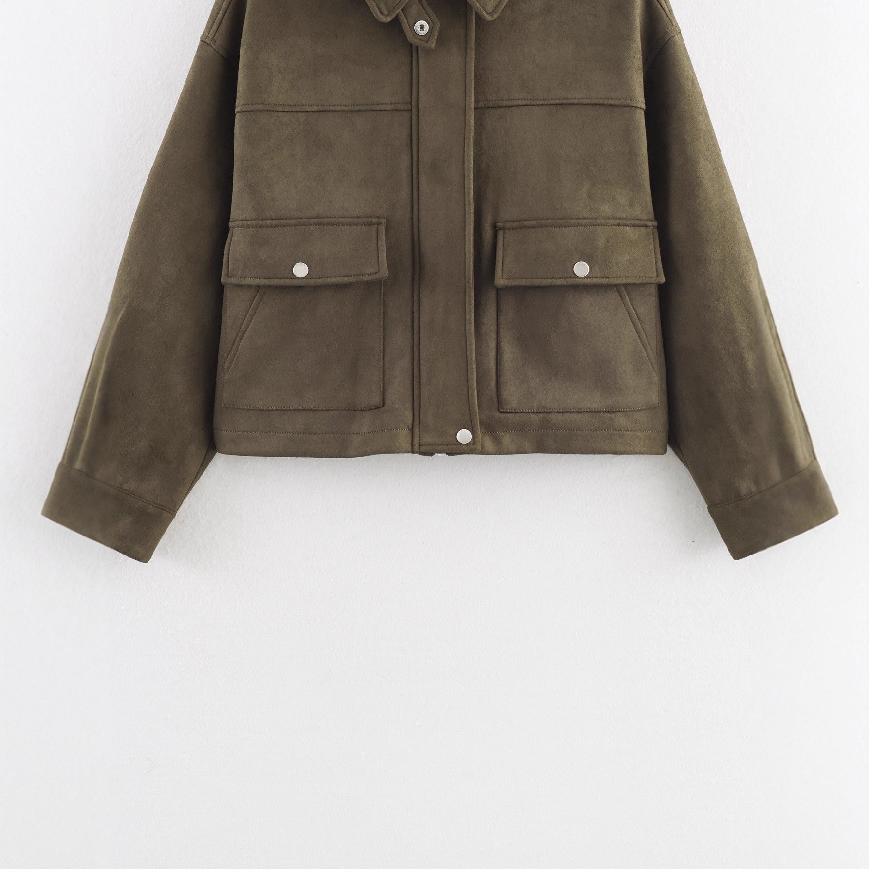 Women's Short Cut Suede Look Utility Jacket with Flap Pockets Chichicherry