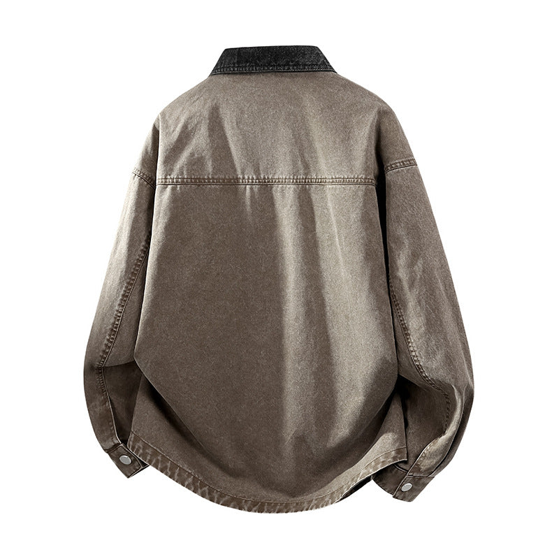 Men's Oversize Denim Shirt Jacket with Contrast Pocket and Snap Button Placket Chichicherry