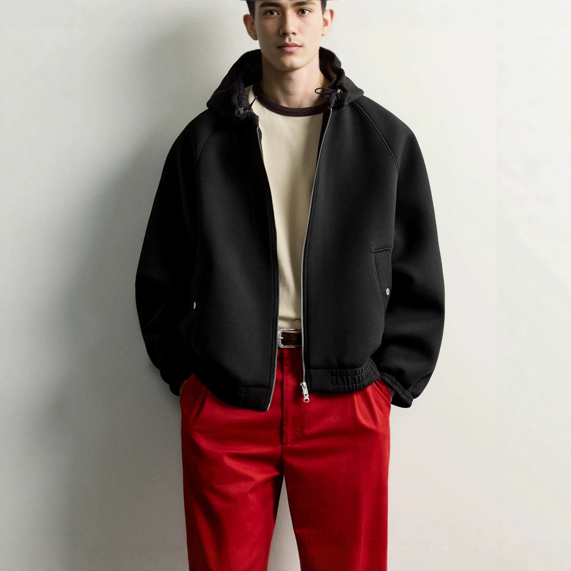 Men's Boxy Hoodie Jacket with Padded Texture and Checkered Lined Hood Chichicherry