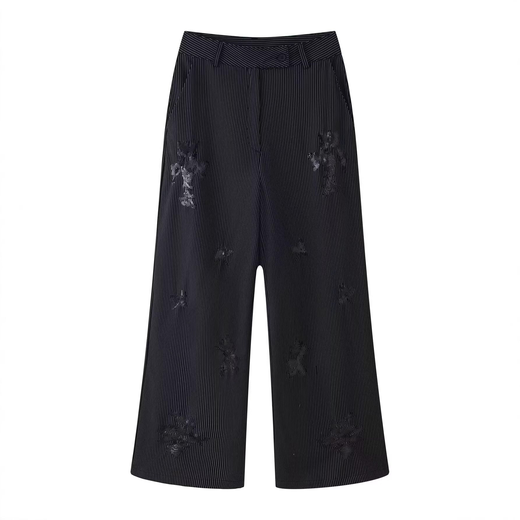 Women's High-Waisted Wide Marlene Trousers with Pinstripes and Sequin Embroidery Chichicherry