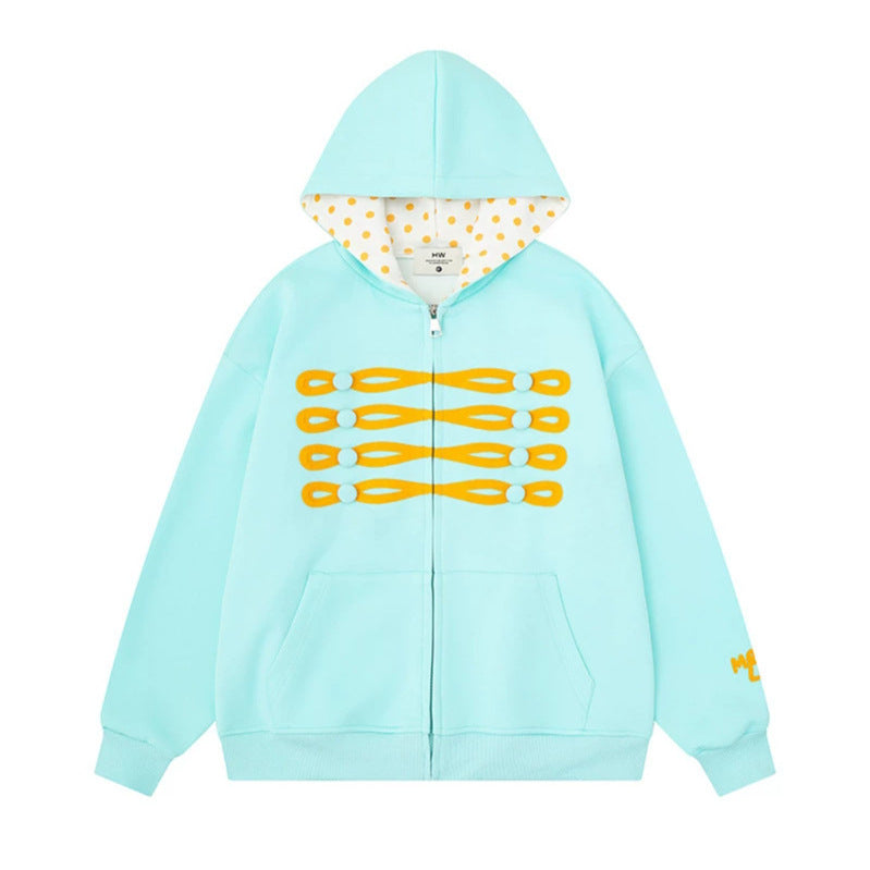 Women's oversized hooded sweatshirt jacket with decorative button print and polka dot hood lining Chichicherry