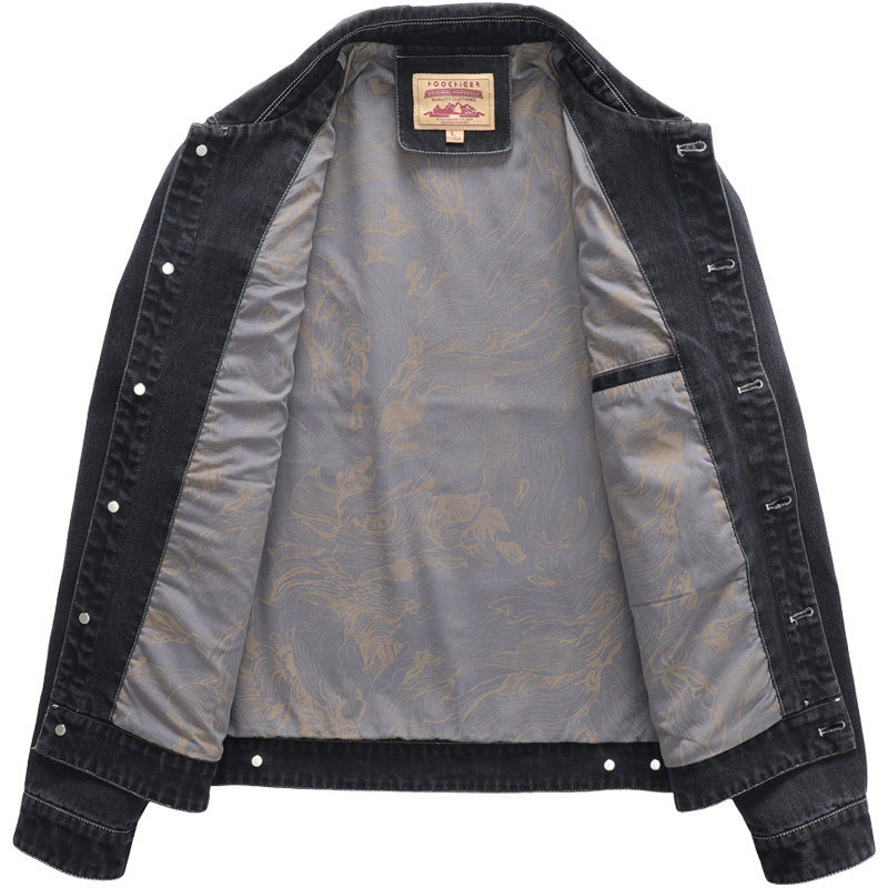 Men's jeans jacket in worker style with embroidered feather motif and inner satin lining Chichicherry