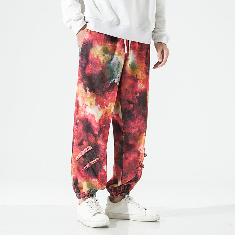 Men's Tie-Dye Baggy Jogging Pants with Drawstring, Elastic Cuffs and Decorative Straps Chichicherry
