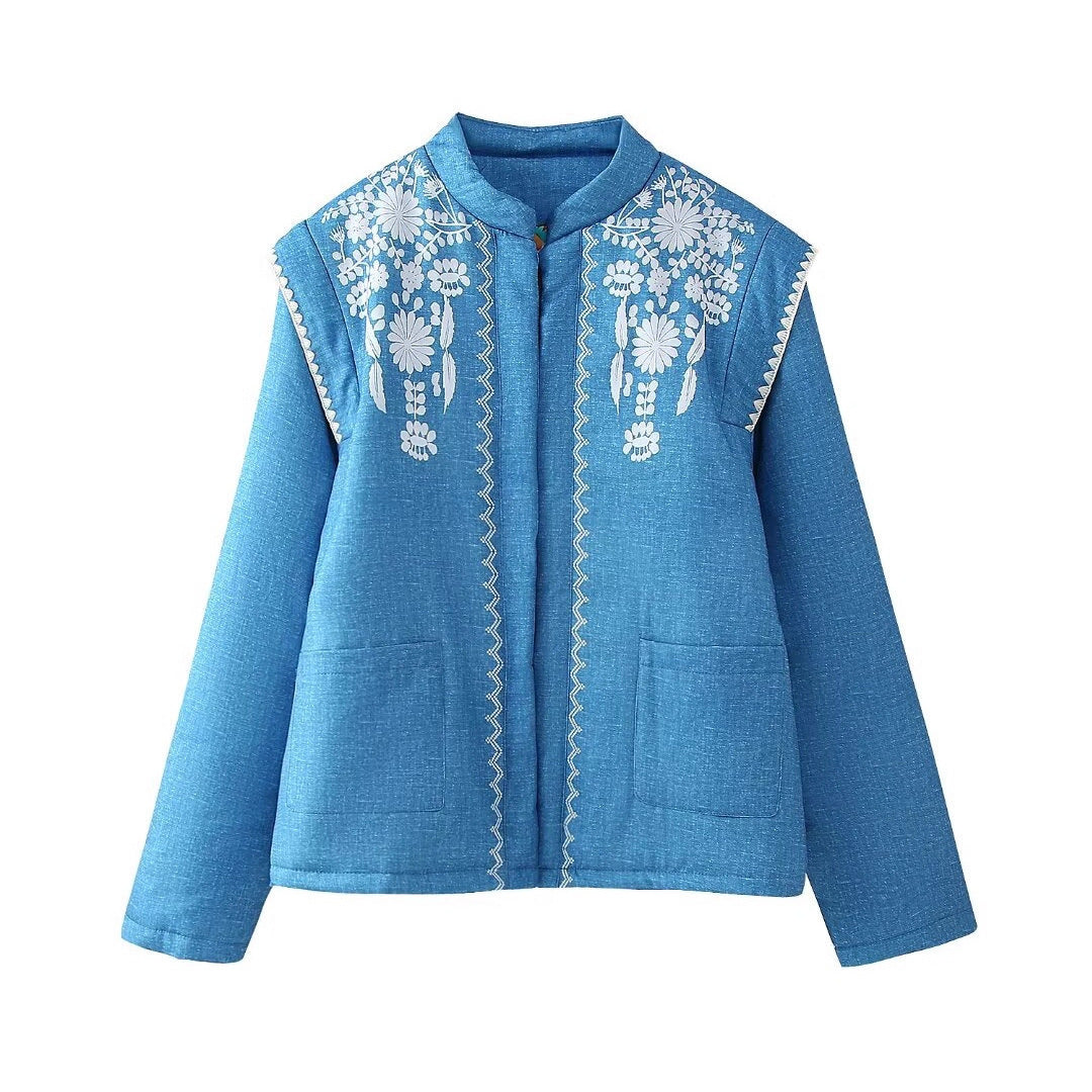 Women Quilted Linen Look Stand Collar Jacket with Folk Chest Embroidery & Patch Pockets Chichicherry