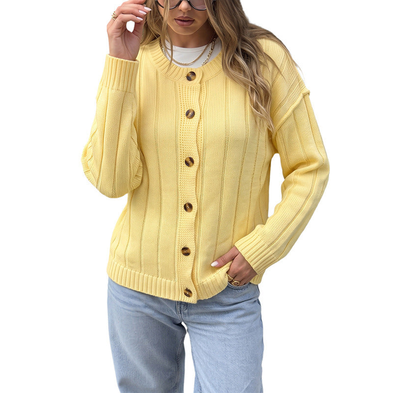 Women's Lightweight Ribbed Knit Cardigan with Wooden Buttons and Oversized Silhouette Chichicherry