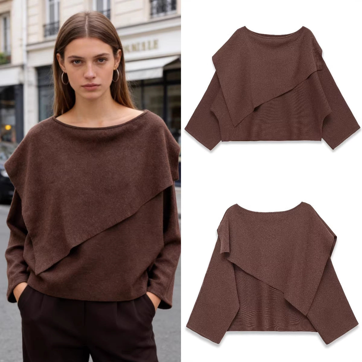 Women's Oversized Knit Poncho with Asymmetrical Ruffle Collar Chichicherry