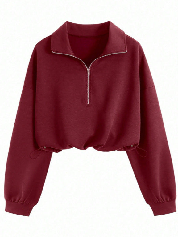 Women’s short-cut half-zip sweatshirt in oversized fit with drawstring hood