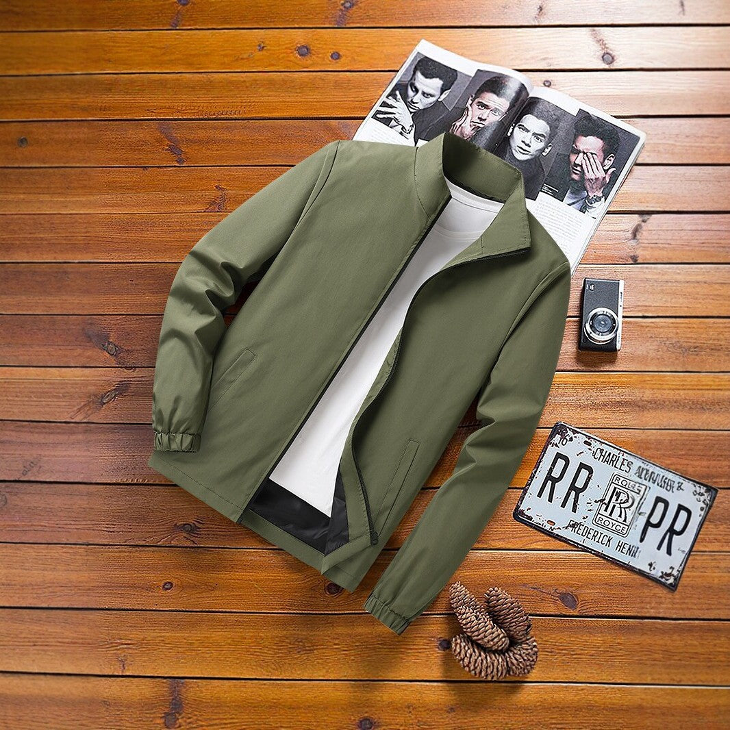 Men's Lightweight Windbreaker Transition Jacket with Stand-up Collar, Elastic Cuffs and Concealed Zipper Chichicherry