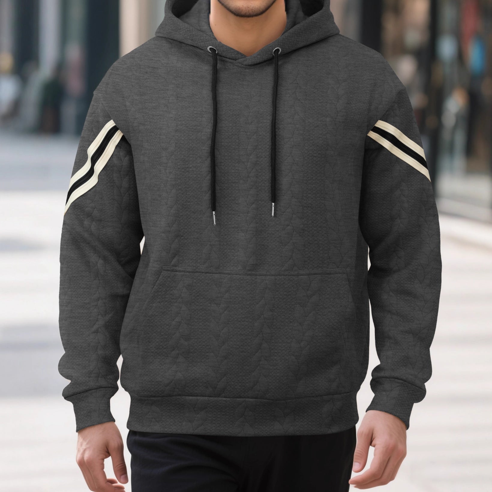 Men's Cable Knit Hoodie with Kangaroo Pocket and Contrast Stripes Chichicherry