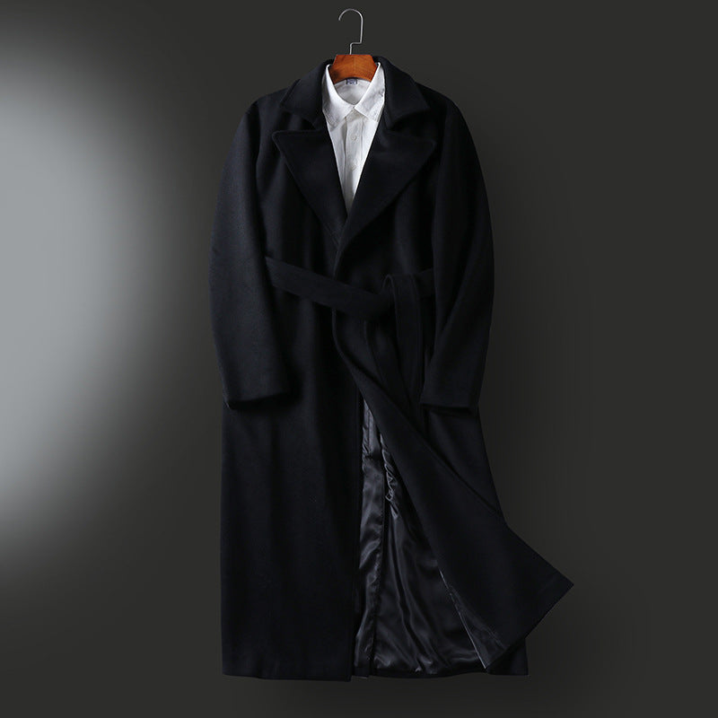 Men's Maxi-length tailored wool blend coat with wide shawl collar and belt Chichicherry