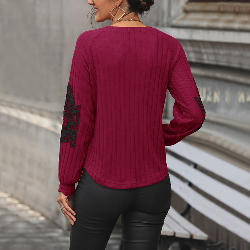 Women's Ribbed Long Sleeve with V-Neck, Lace Inserts at the Elbows and Balloon Sleeves Chichicherry