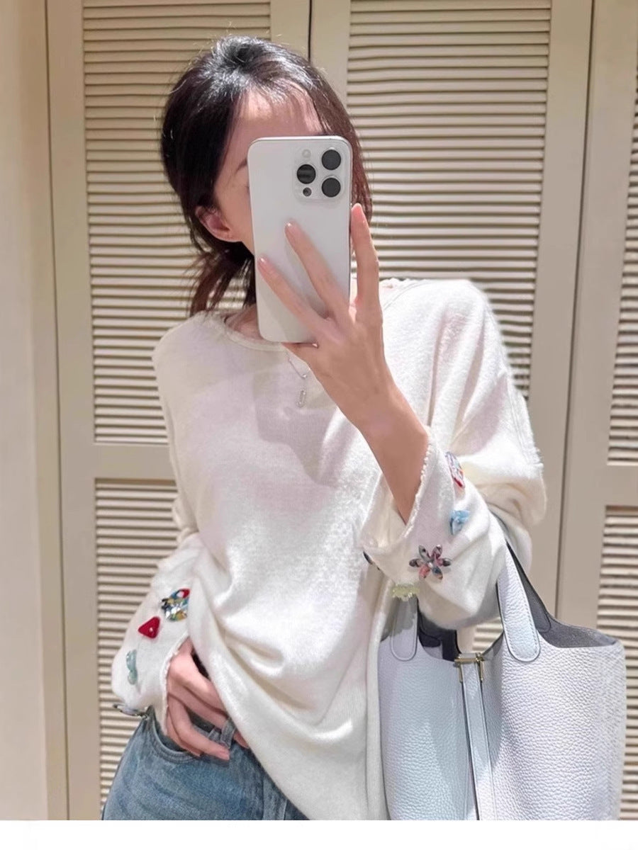 Women's Oversized Fine Knit Sweater with Embellished Sleeve Cuffs Chichicherry
