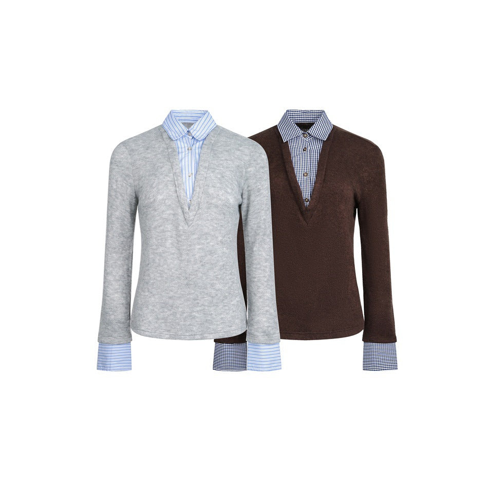 Women's layered look pullover with integrated shirt collar and cuffs Chichicherry