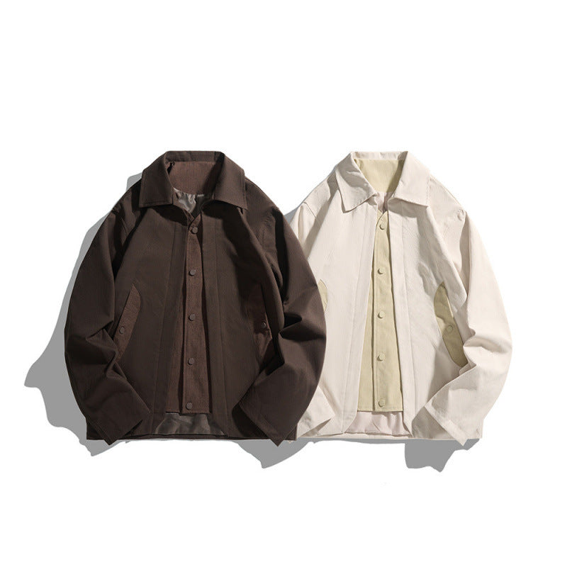 Men's Casual Worker Jacket in Boxy Cut with Concealed Snap Button Placket and Slanted Pockets Chichicherry