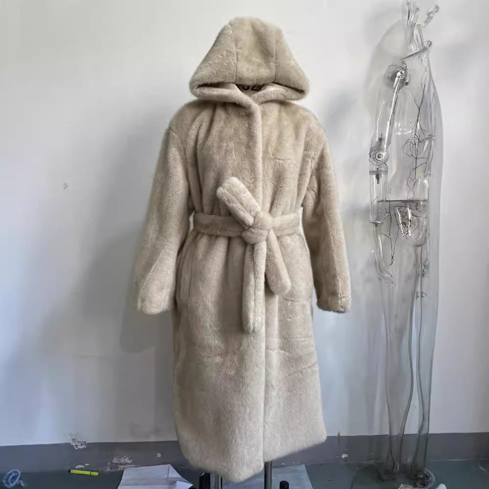 Women Longer Teddy Faux Fur Coat with Tie Belt and Oversized Silhouette Chichicherry