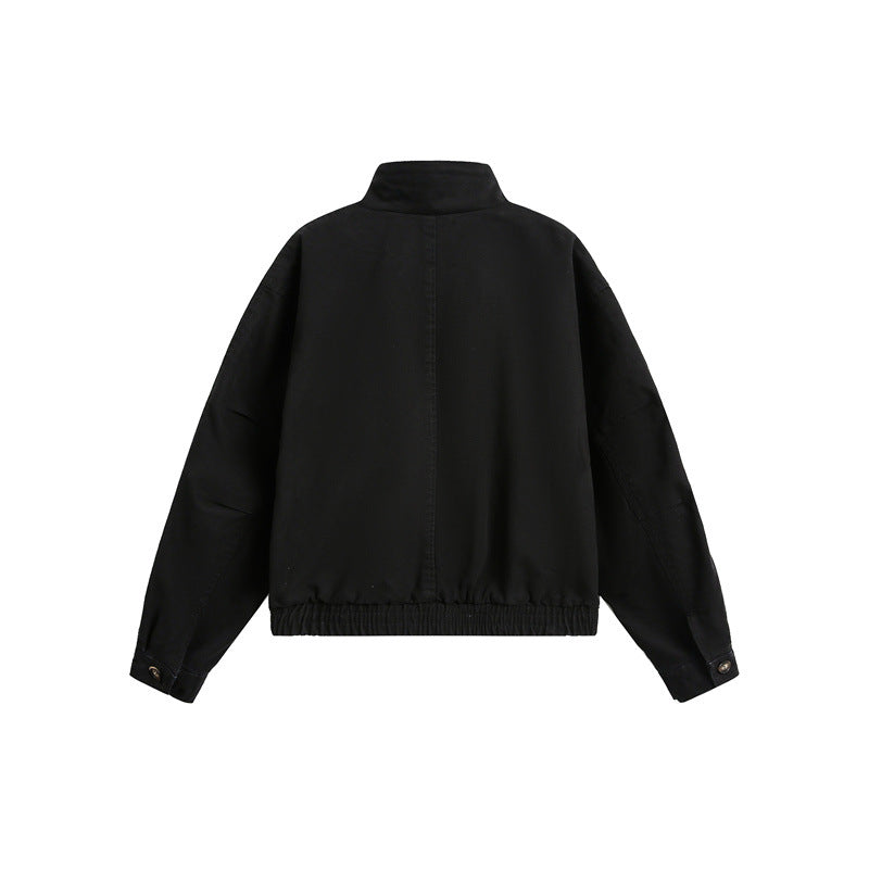 Unisex Short Cut Boxy Canvas Blouson Jacket with Funnel Collar, Patch Flap Pockets and Elastic Hem Chichicherry