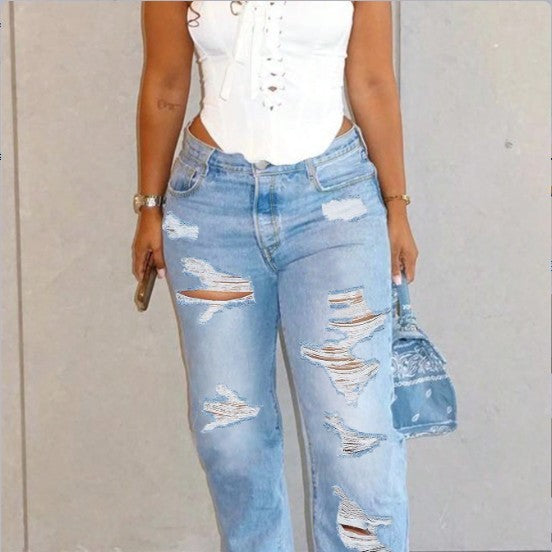 Women High-Waisted Relaxed-Fit Straight Jeans with pronounced Destroyed Details Chichicherry