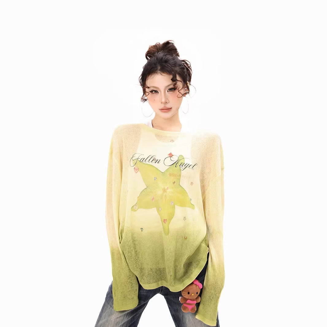 Women's long-sleeve shirt made of soft fine knit with dip-dye gradient and star flower print Chichicherry