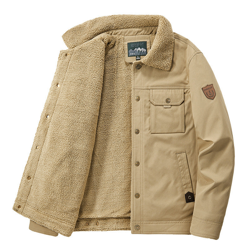 Men's Lined Canvas Trucker Jacket with Teddy Fleece Lining and Shirt Collar Chichicherry