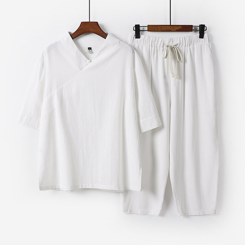 Men's Breathable Linen-Cotton Lounge Set with Asymmetrical V-Neck and Elastic Cord Pants Chichicherry