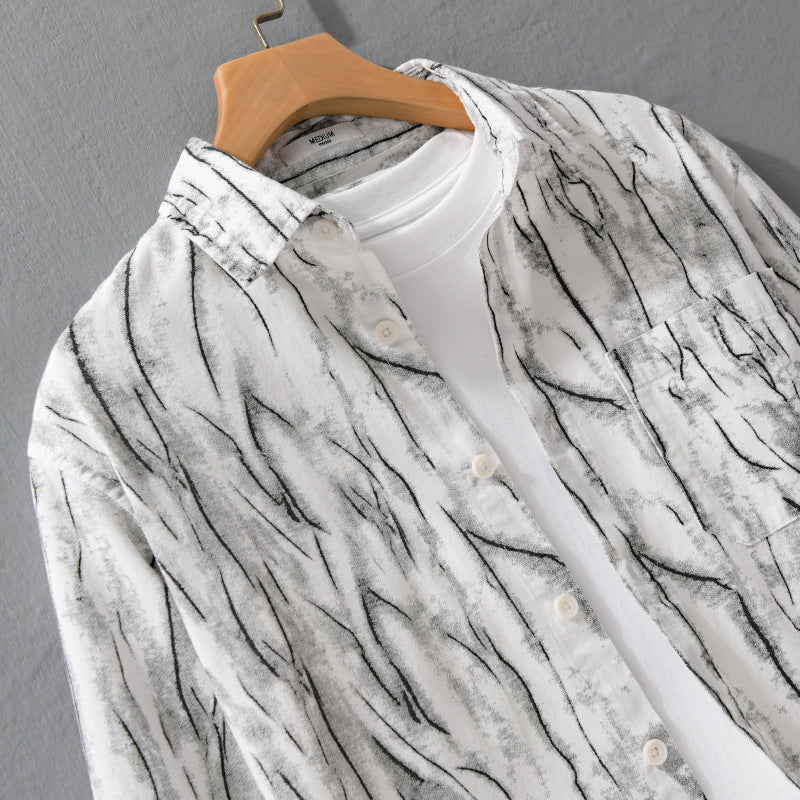 Men's Elegant-Relaxed Linen Blend Shirt with Artistic Brush Stroke Print and Chest Pocket Chichicherry