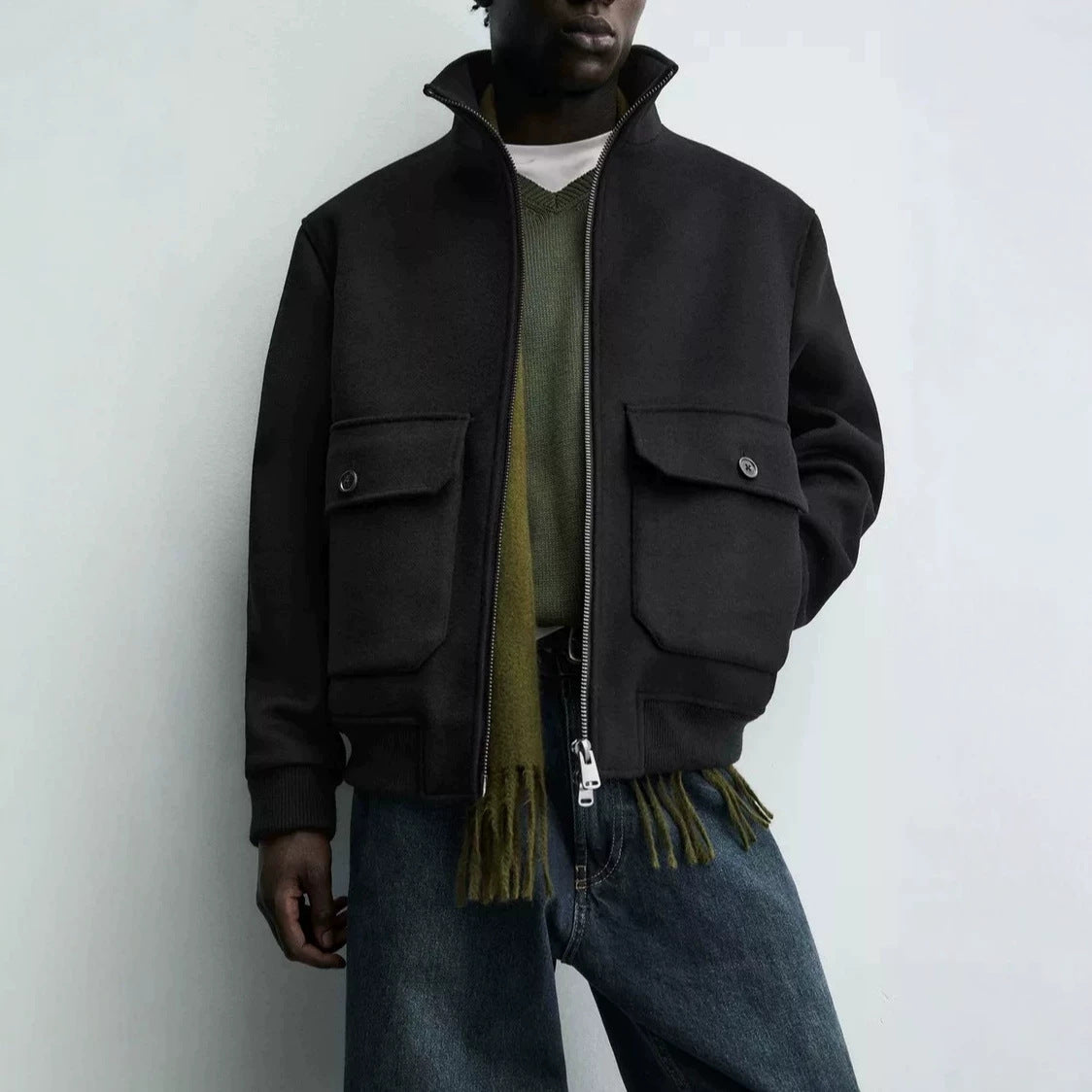 Men's short wool bomber jacket with high stand-up collar and patch flap pockets Chichicherry