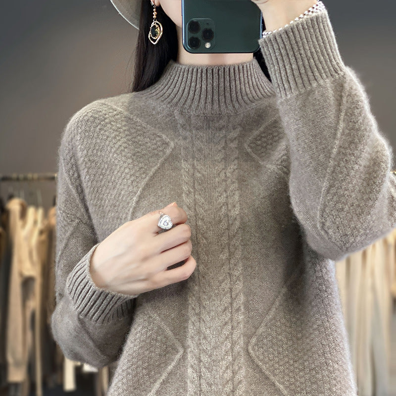 Women's Soft Cable Knit Mock Neck Sweater with Structure Patches and Fluffy Mohair Look Chichicherry