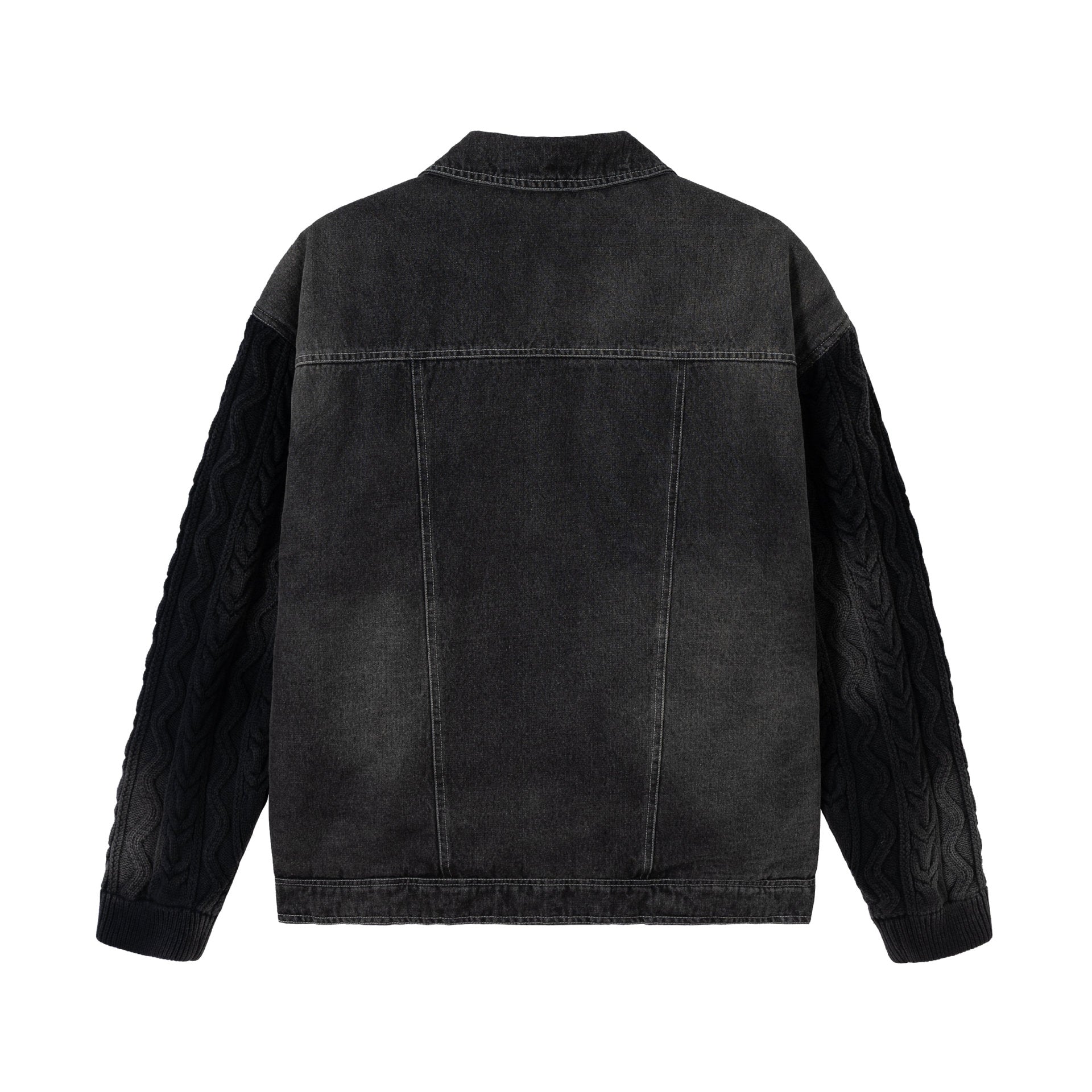 Men's denim jacket with applied leather chest pockets and cable knit sleeves Chichicherry